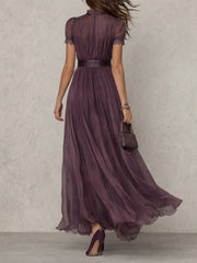 Flavia | Long purple dress with keyhole neckline, chiffon lace trim