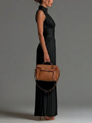 Black V-neck Sleeveless Zip-up Pleated Wide-leg Chiffon Jumpsuit