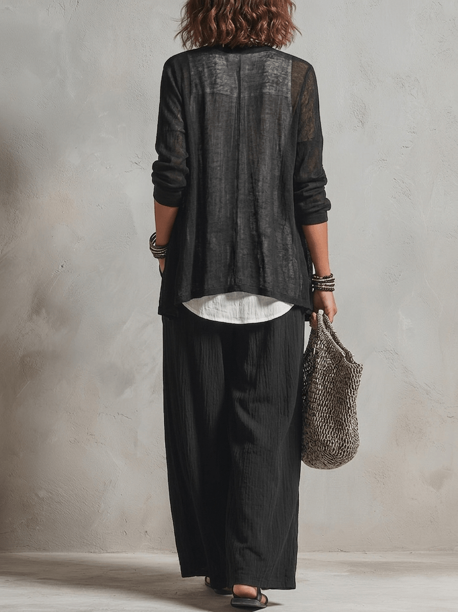 Minimalist Layered Vest Cardigan And Wide-leg Pants Three-piece Set