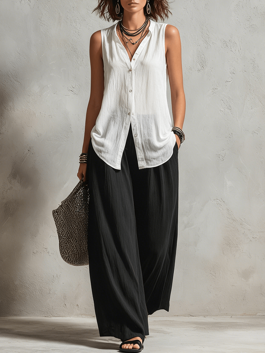 Minimalist Layered Vest Cardigan And Wide-leg Pants Three-piece Set