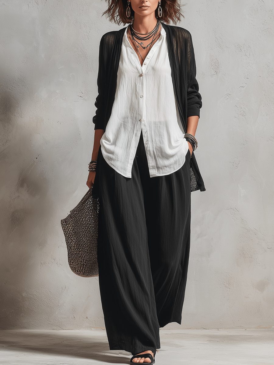 Minimalist Layered Vest Cardigan And Wide-leg Pants Three-piece Set