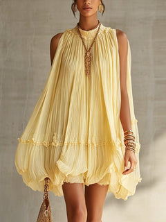 Yellow Halter Neck Ruffled Chiffon Bubble Mini Dress
