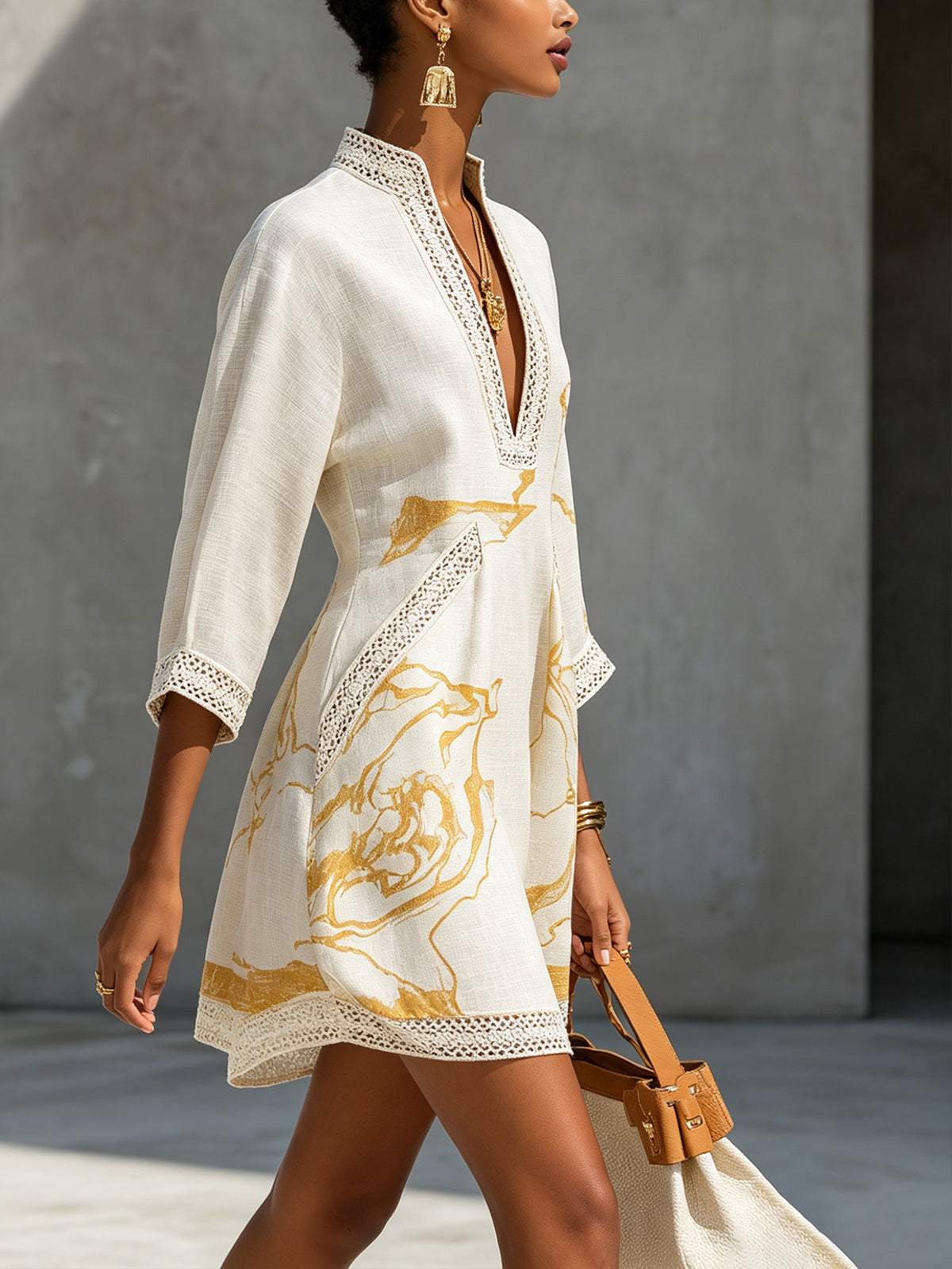 Ivory Gold Printed V-neck Crochet Lace Mini Dress