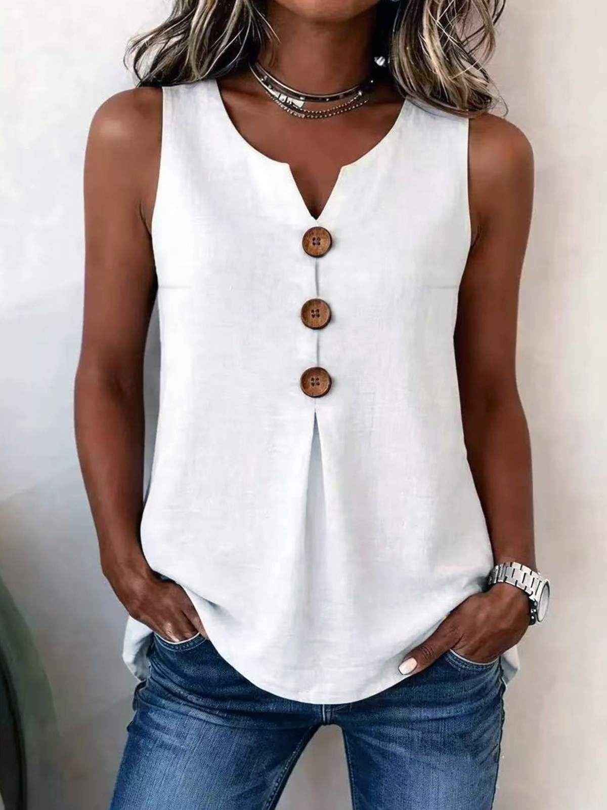 Solid Color Button V-neck Sleeveless Top