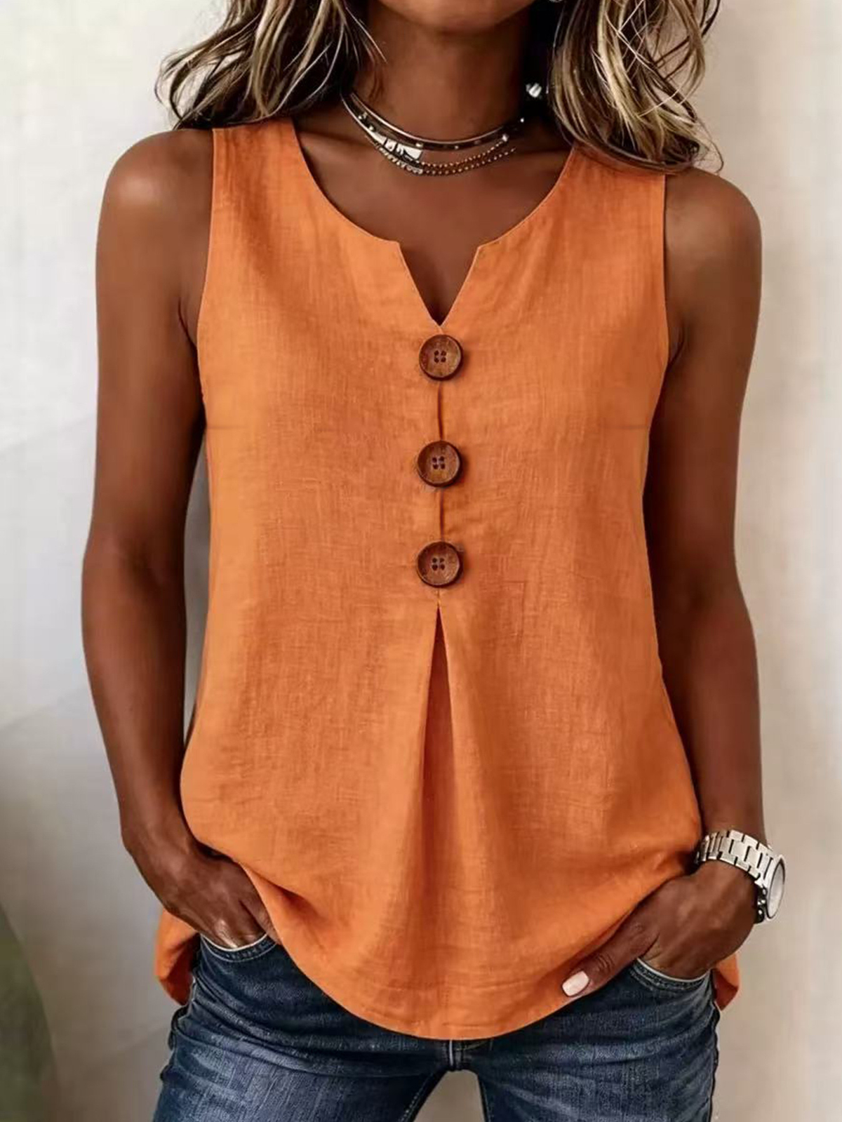 Solid Color Button V-neck Sleeveless Top