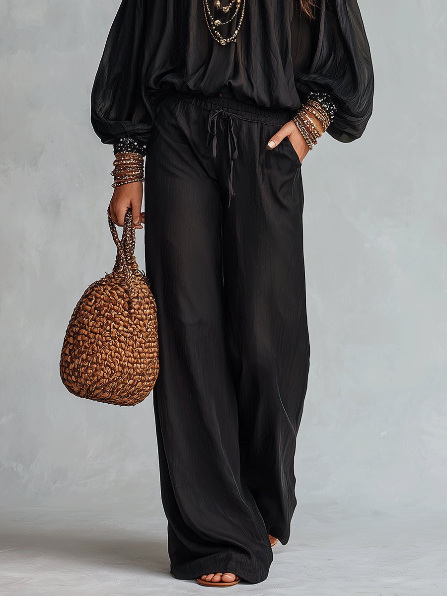 Black Off-the-shoulder Sequined Top Paired With Drawstring Wide-leg Pants Set