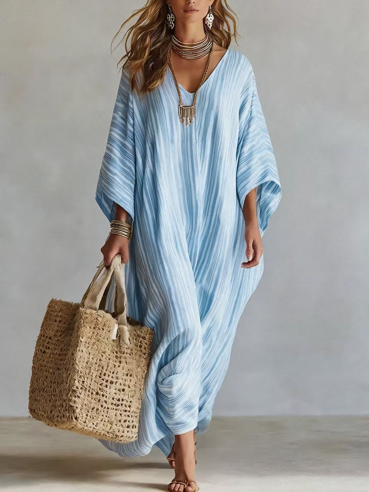 Bohemian V-Neck Striped Kaftan Maxi Dress