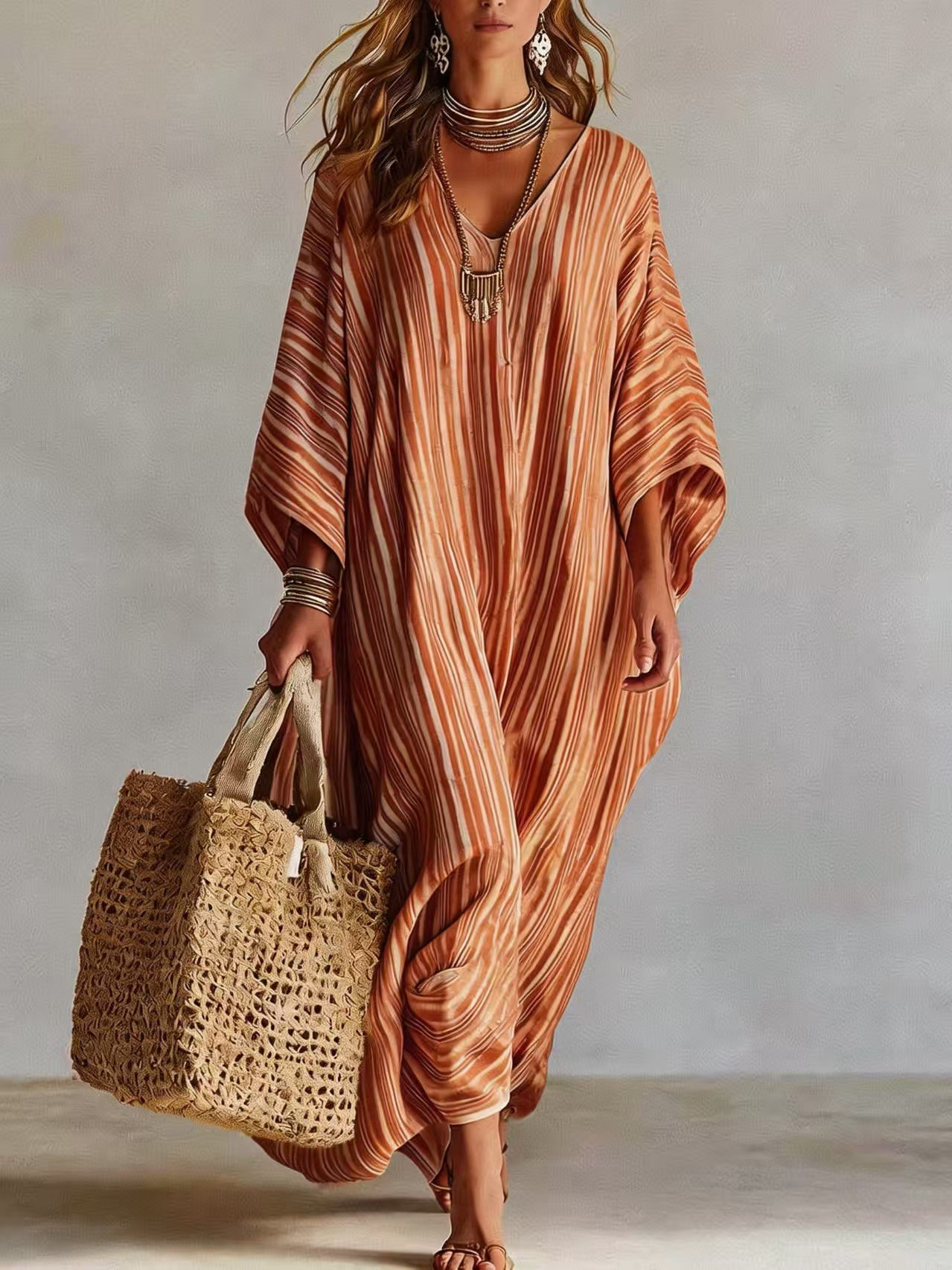 Bohemian V-Neck Striped Kaftan Maxi Dress