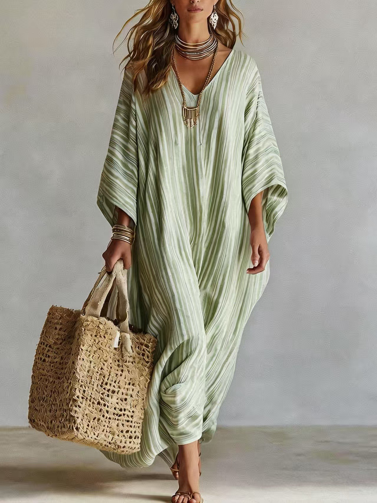 Bohemian V-Neck Striped Kaftan Maxi Dress