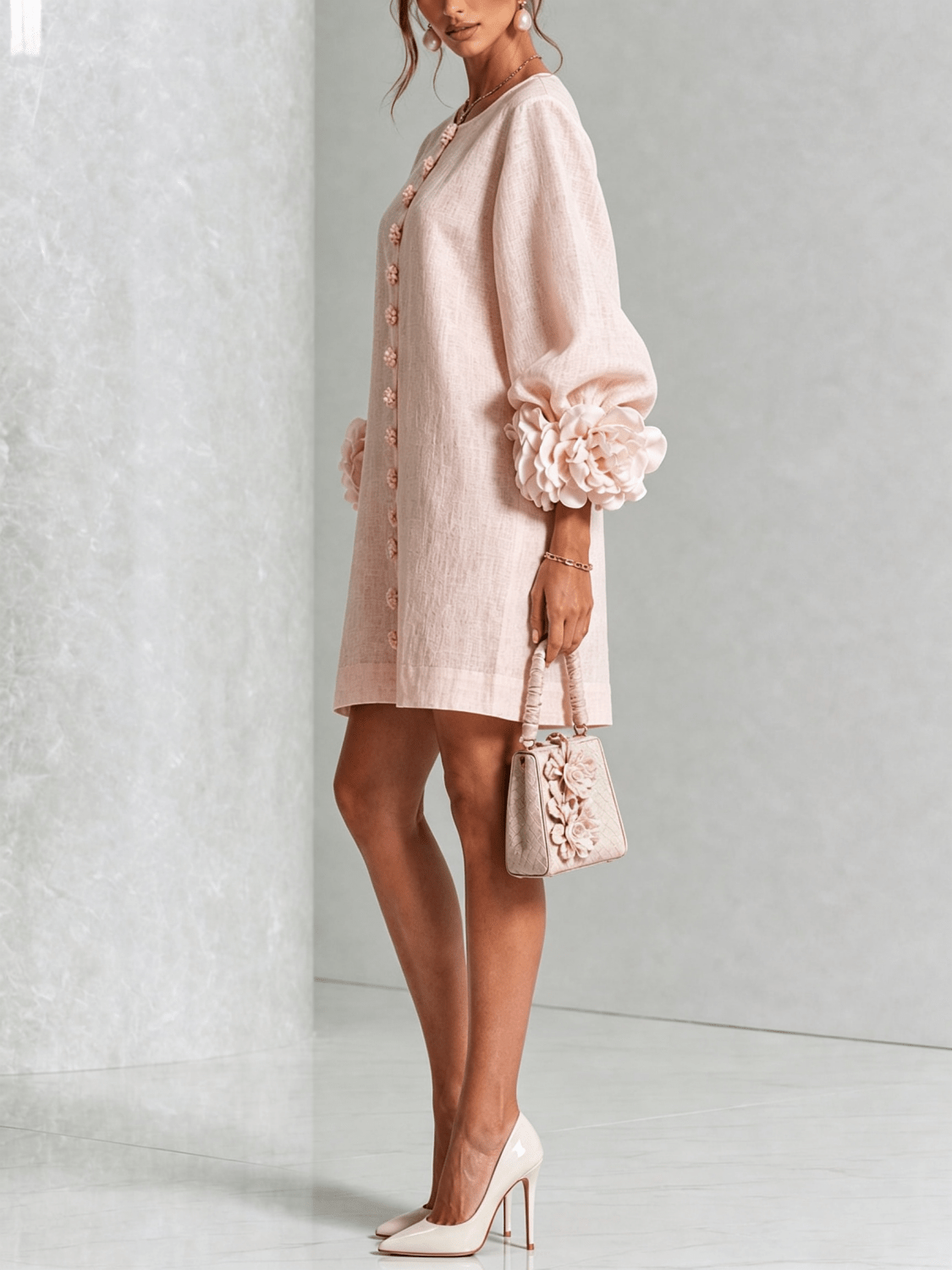 Pink Floral Button-down Mini Dress With Striking Floral Cuffs
