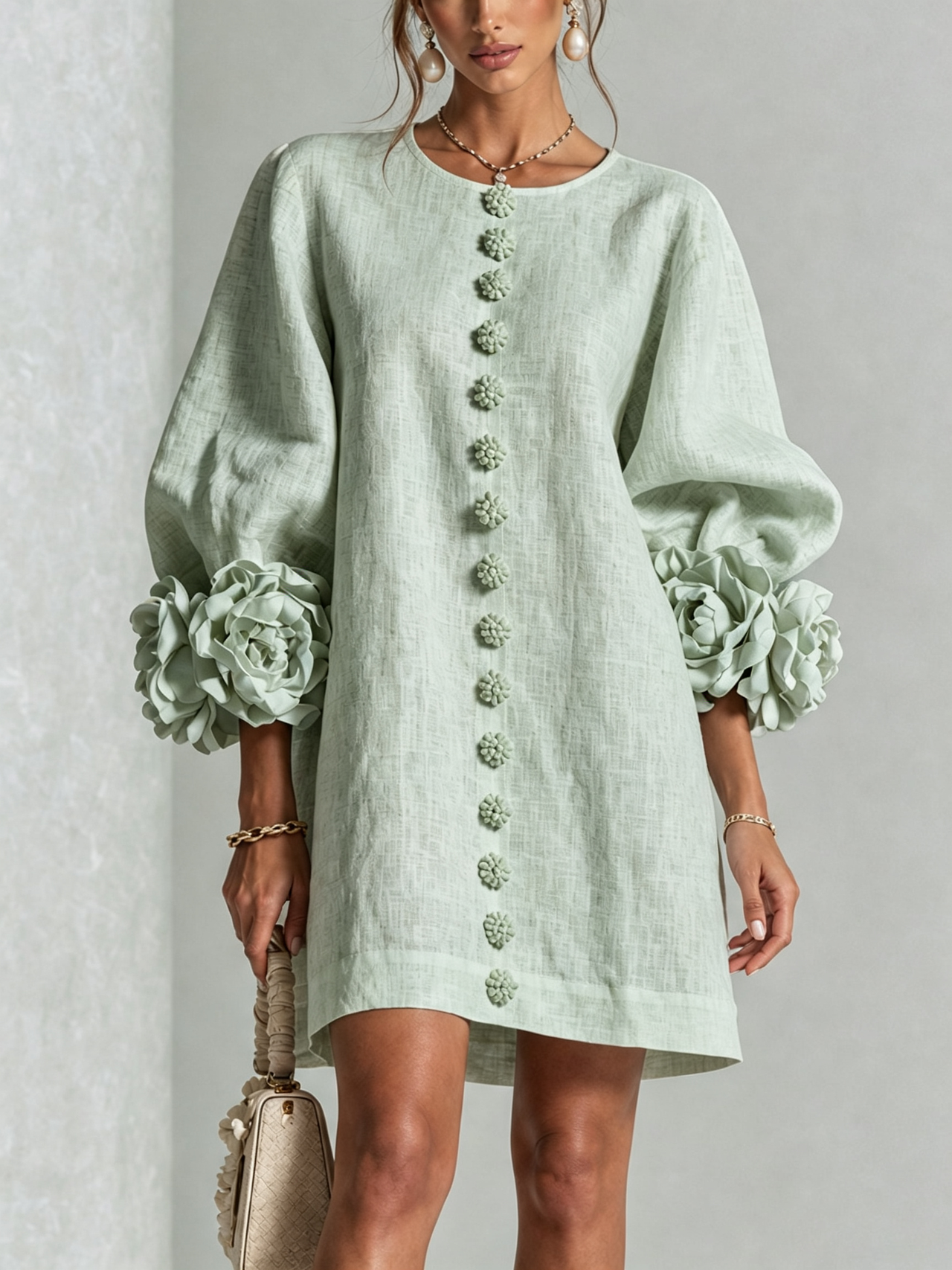 White Floral Button-down Mini Dress With Striking Floral Cuffs