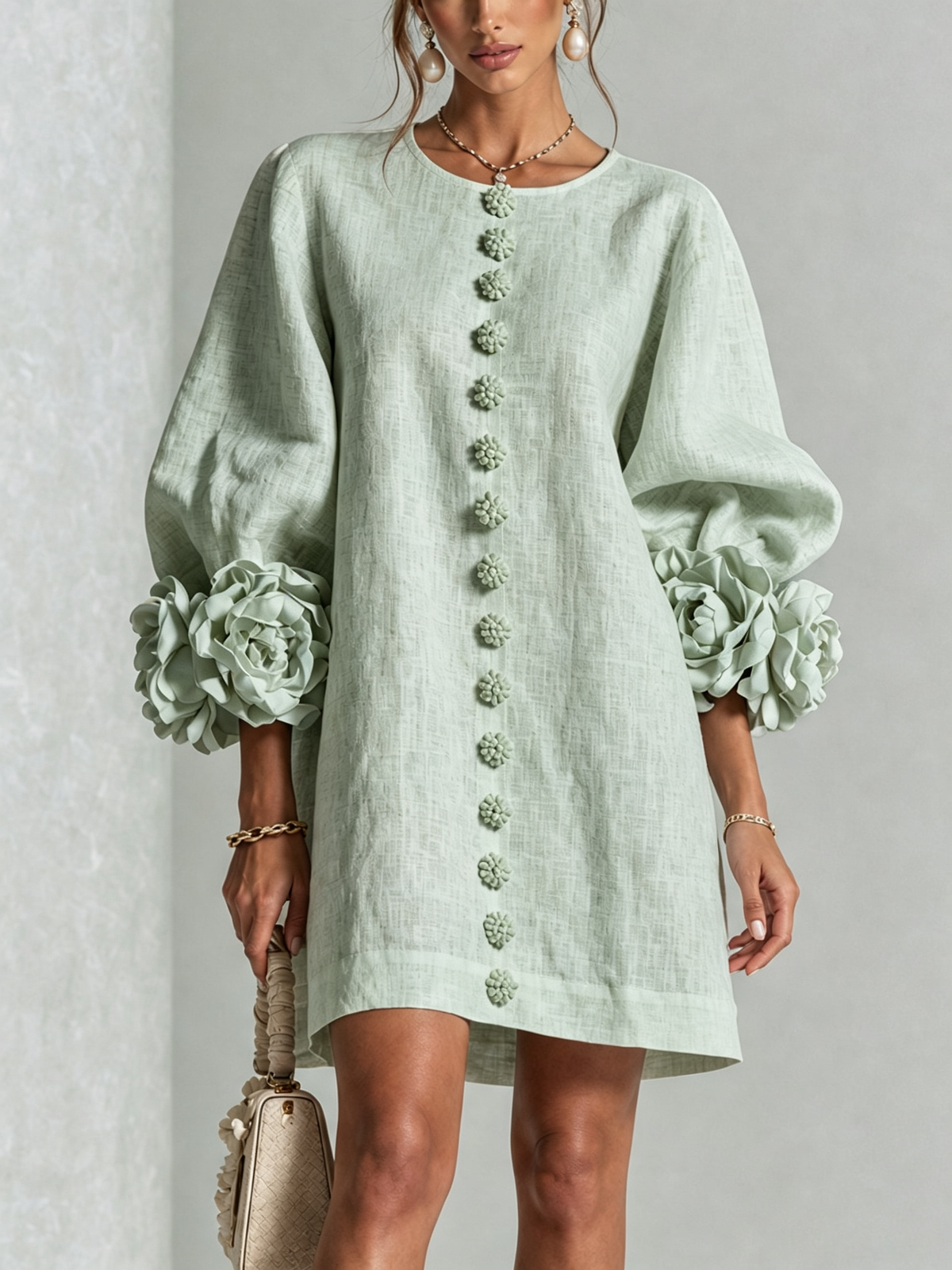 White Floral Button-down Mini Dress With Striking Floral Cuffs