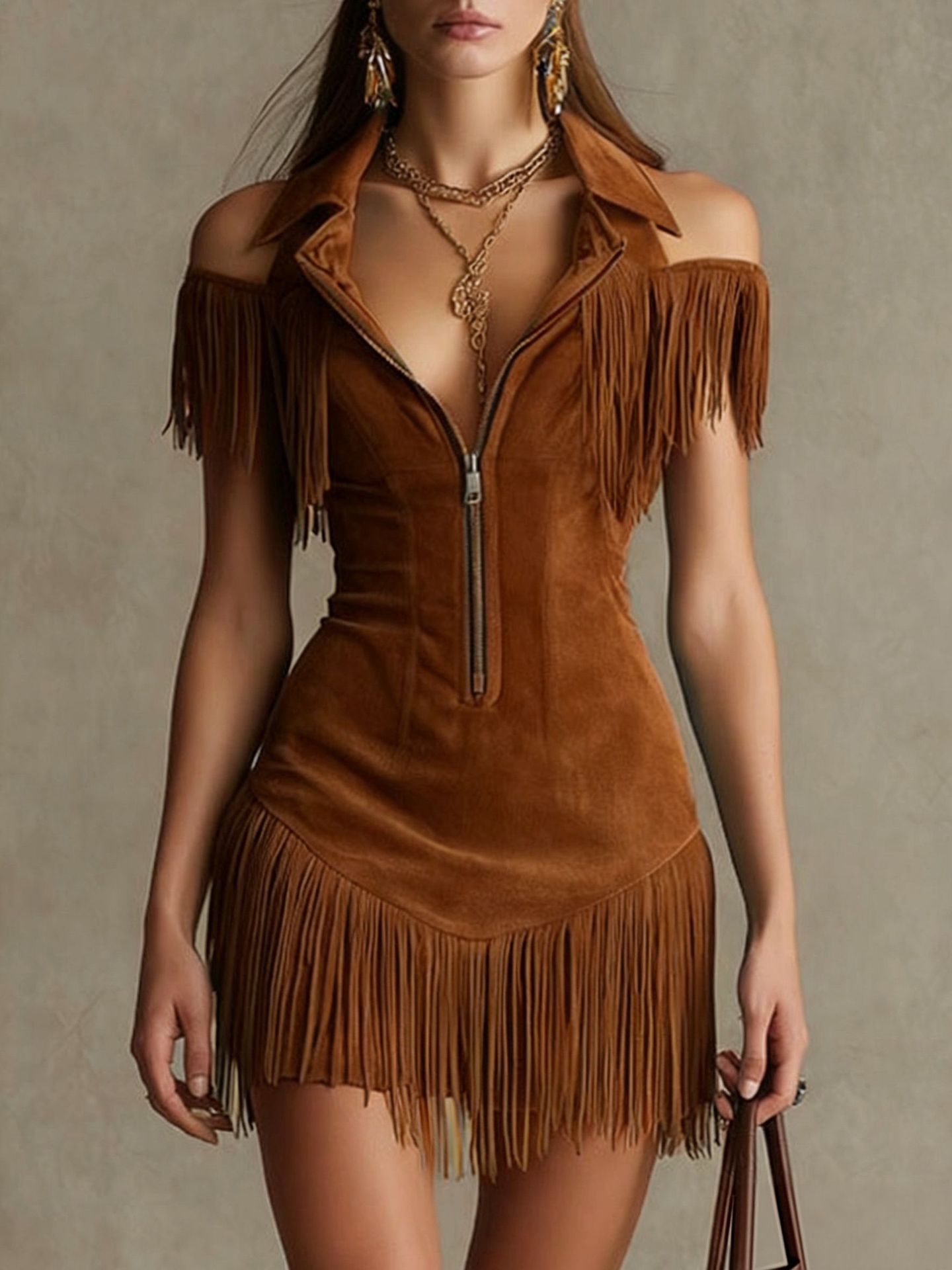 Western-Style Lapel Zipper Tassel Slim-Fit Mini Dress