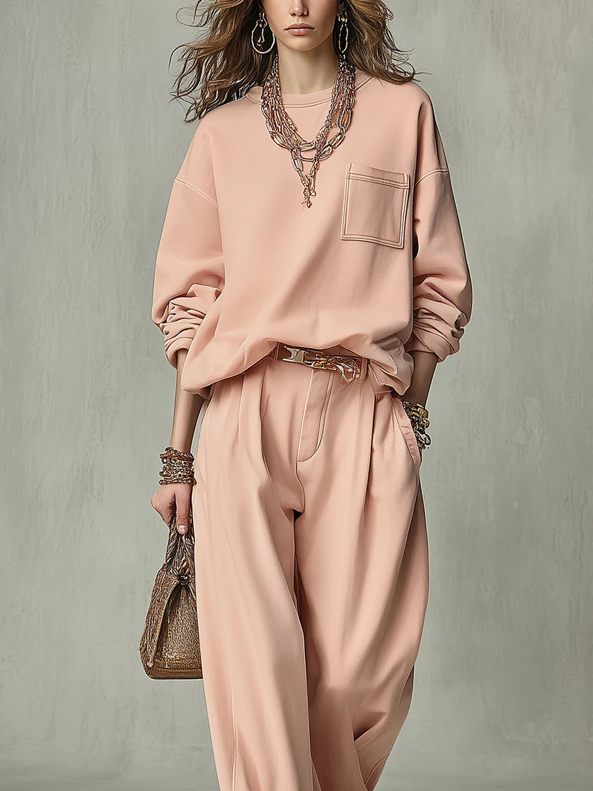Dusty Pink Loose-fit Crew-neck Sweatshirt And High-waisted Pleated Wide-leg Trousers Set(Belt not included)