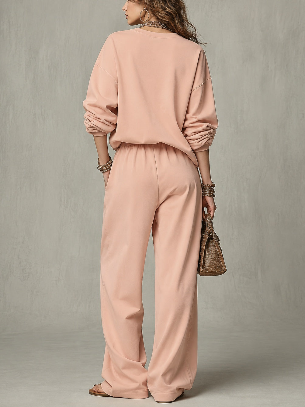 Dusty Pink Loose-fit Crew-neck Sweatshirt And High-waisted Pleated Wide-leg Trousers Set(Belt not included)