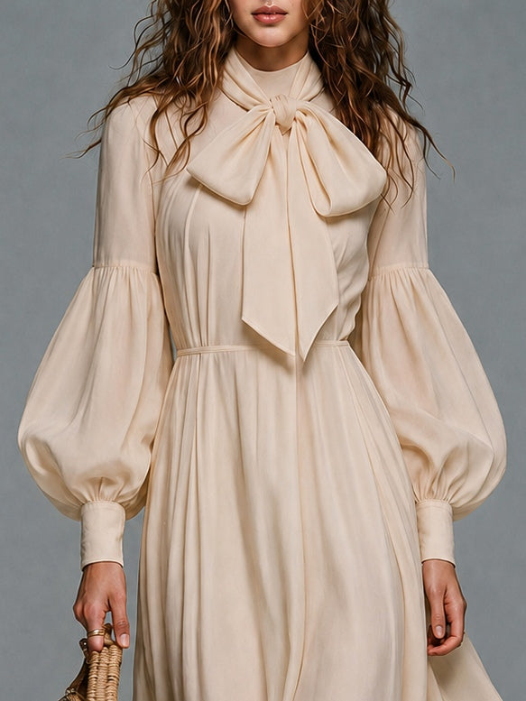 Beige Long-sleeve Maxi Dress With Elastic Waist And Detachable Bow Tie