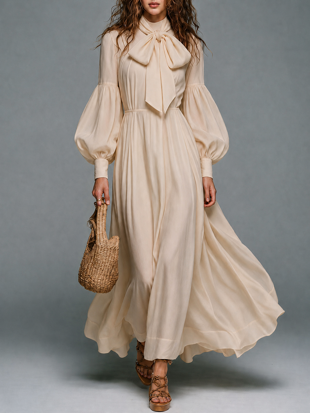 Beige Long-sleeve Maxi Dress With Elastic Waist And Detachable Bow Tie
