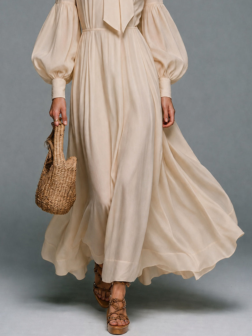 Beige Long-sleeve Maxi Dress With Elastic Waist And Detachable Bow Tie