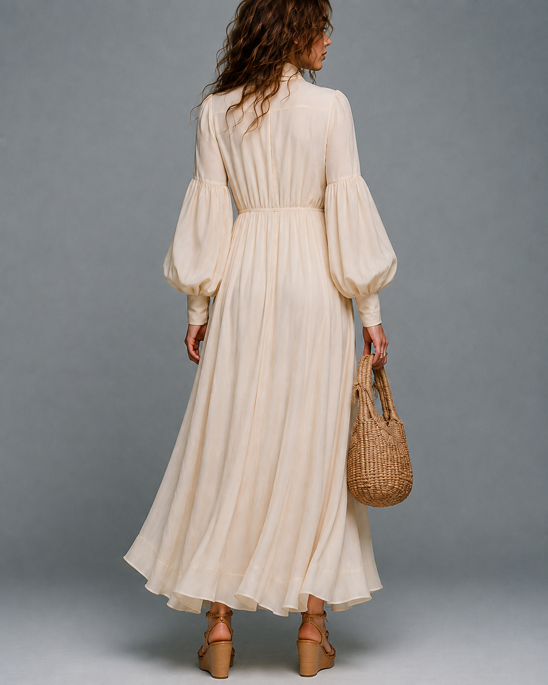 Beige Long-sleeve Maxi Dress With Elastic Waist And Detachable Bow Tie