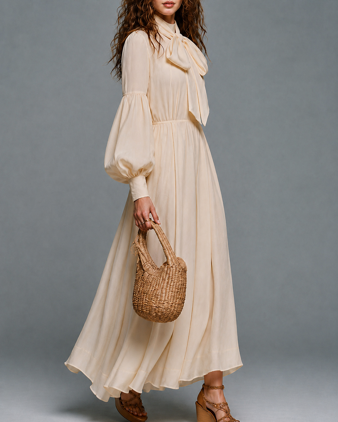 Beige Long-sleeve Maxi Dress With Elastic Waist And Detachable Bow Tie