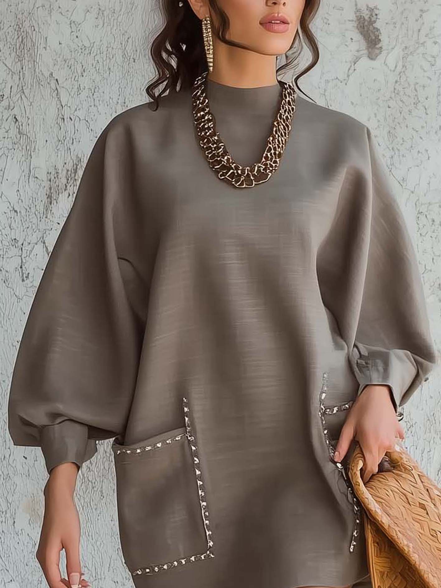 Taupe Mini Dress With Contrasting Trim And Patch Pockets