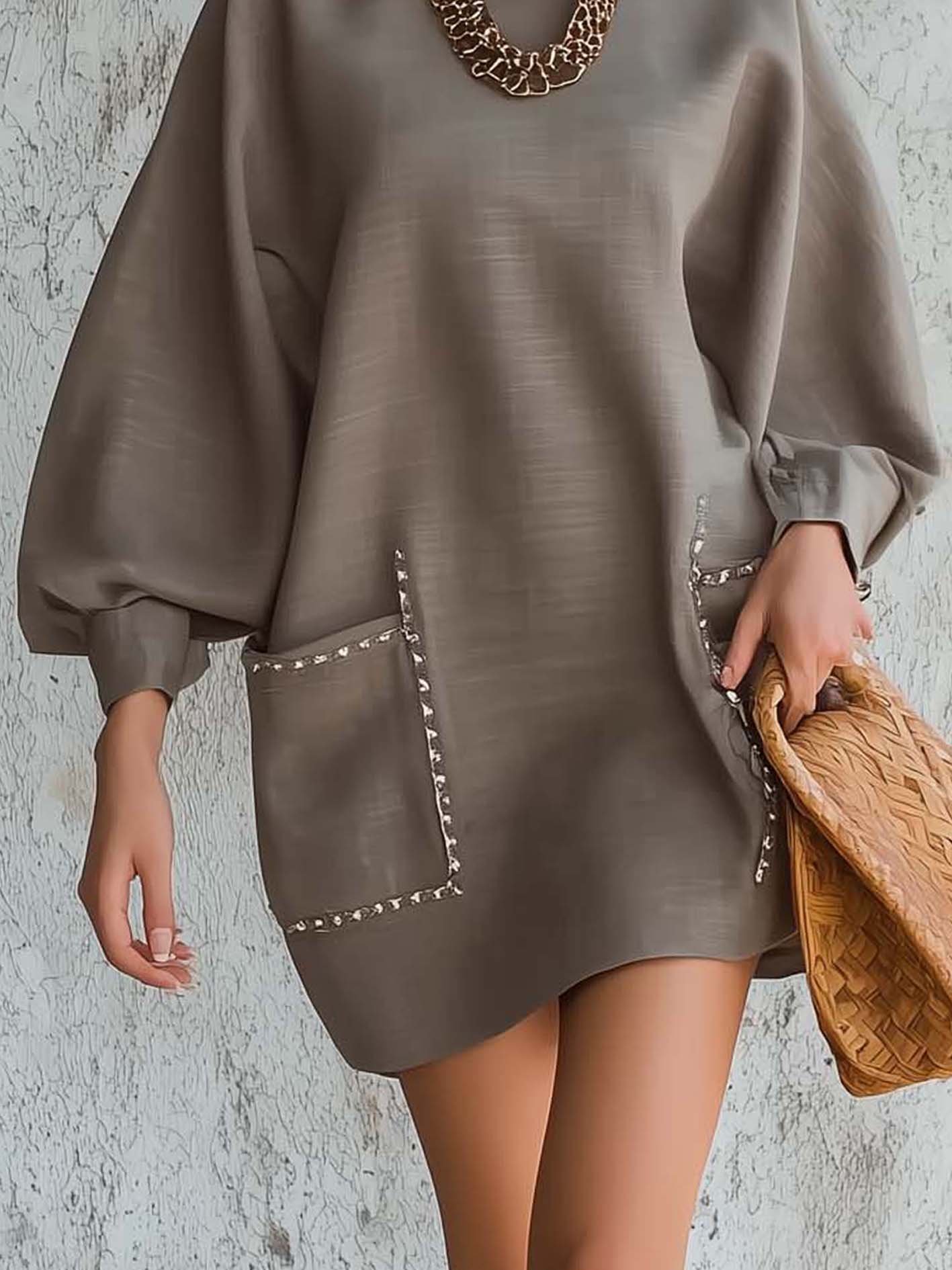Taupe Mini Dress With Contrasting Trim And Patch Pockets