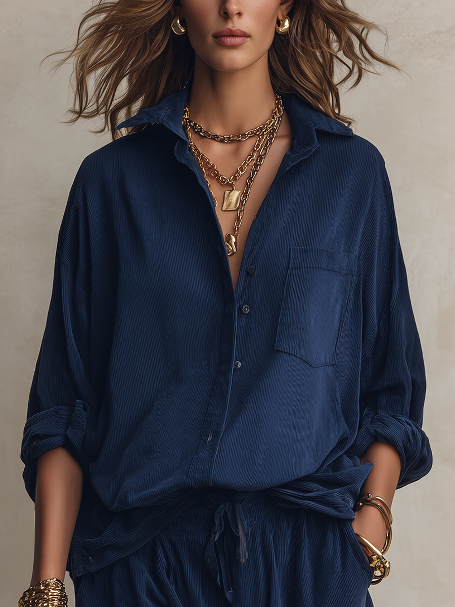 Navy Loose-fit Pocket Shirt And Drawstring Shorts Set