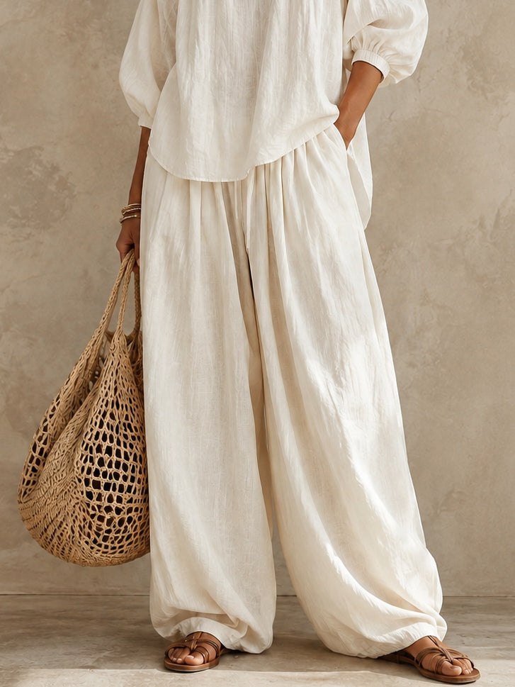 White V-neck Puff-sleeve Top And Drawstring Wide-leg Pants Set