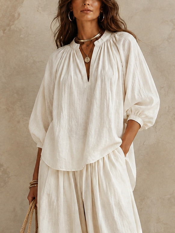 White V-neck Puff-sleeve Top And Drawstring Wide-leg Pants Set