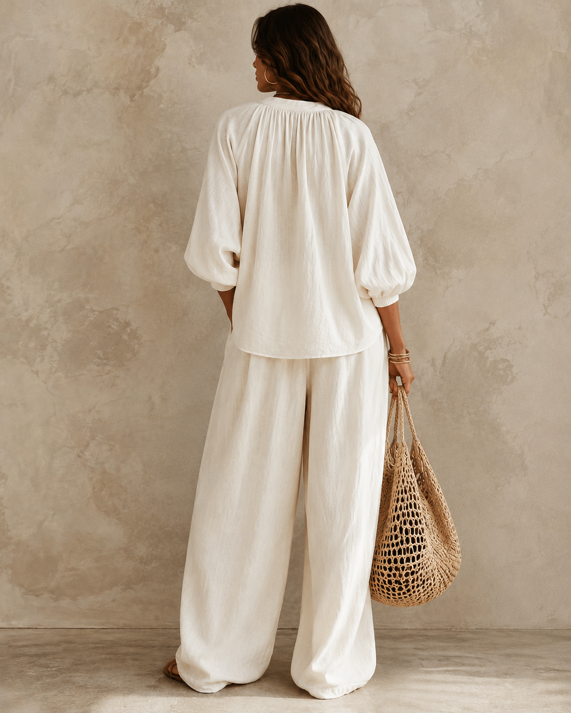 White V-neck Puff-sleeve Top And Drawstring Wide-leg Pants Set