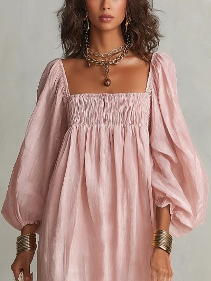 Pink Square-neck Pleated Maxi Dress With Lantern Sleeves