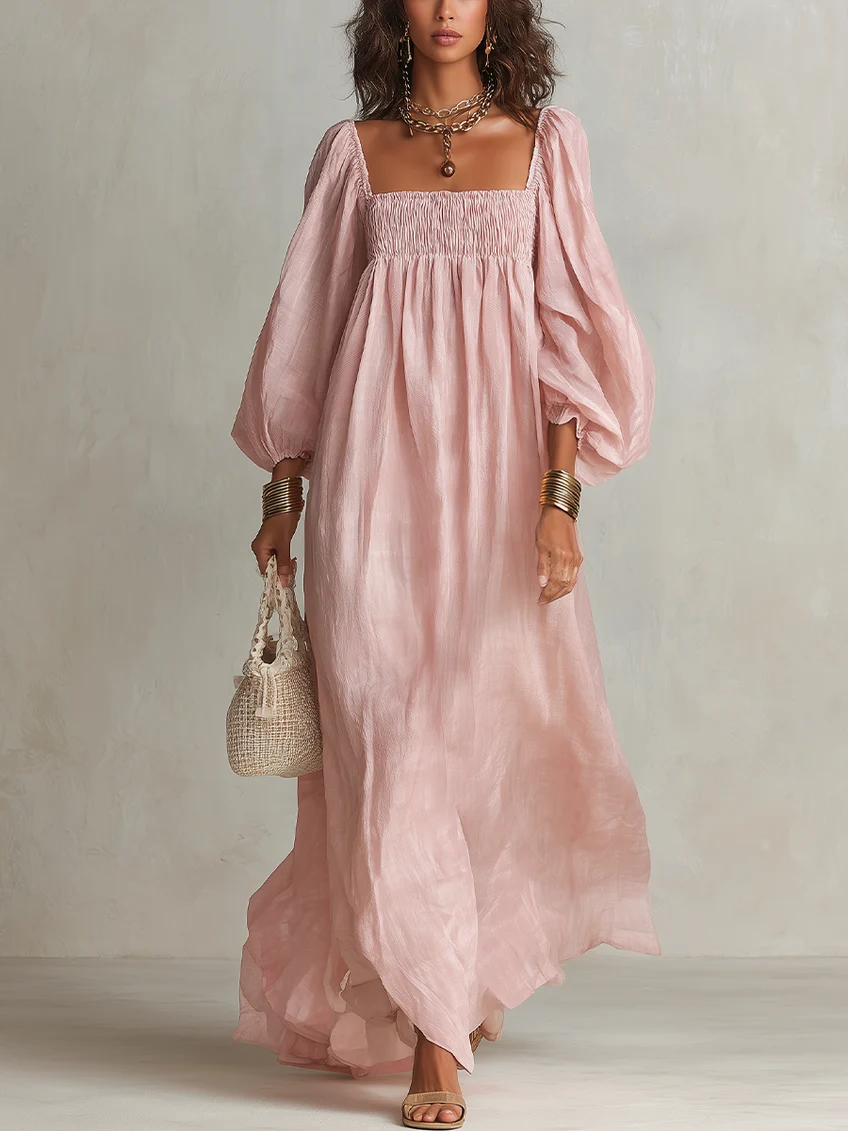 Pink Square-neck Pleated Maxi Dress With Lantern Sleeves