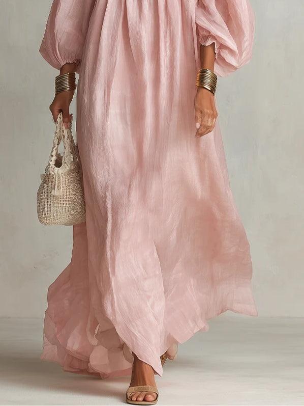 Pink Square-neck Pleated Maxi Dress With Lantern Sleeves