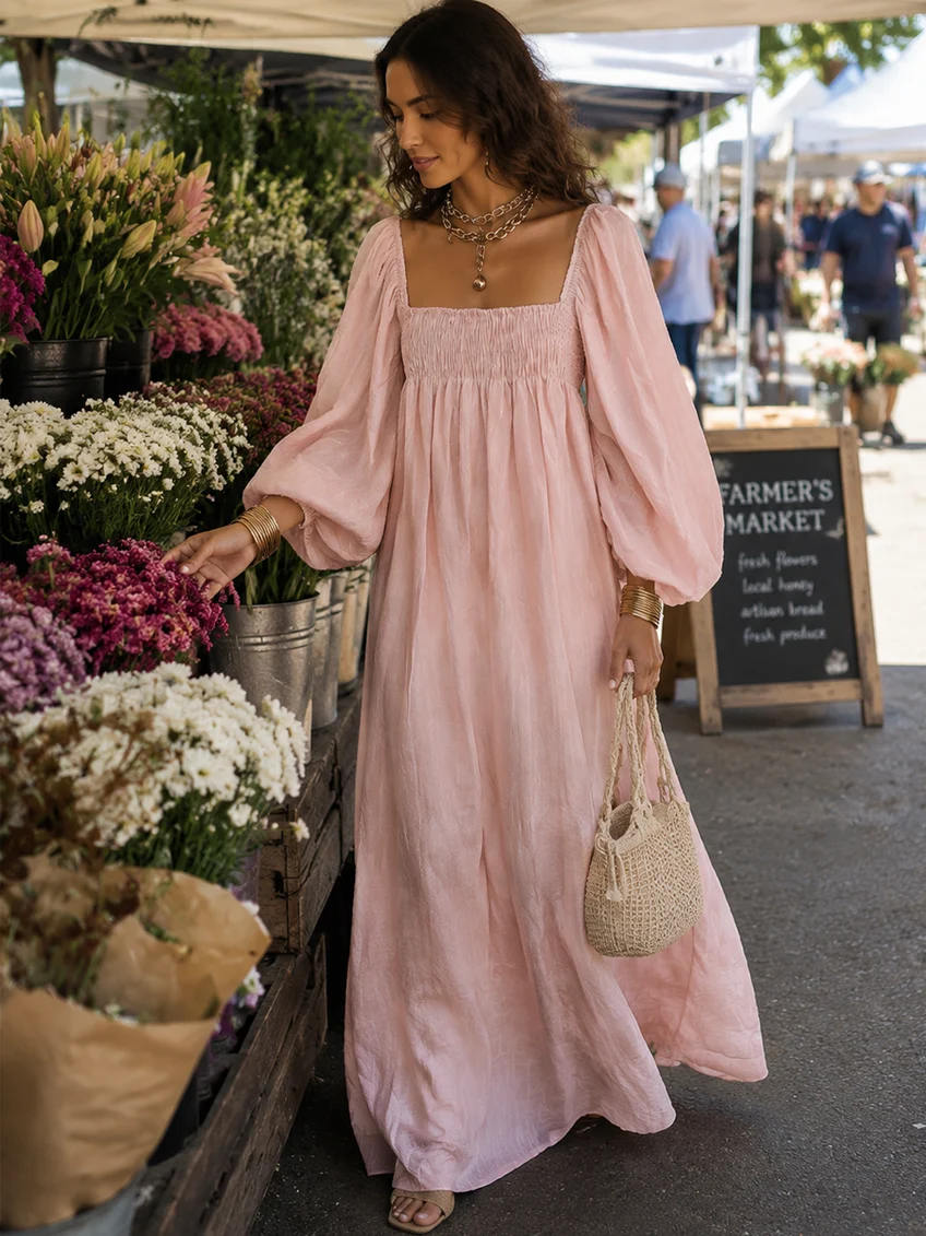 Pink Square-neck Pleated Maxi Dress With Lantern Sleeves