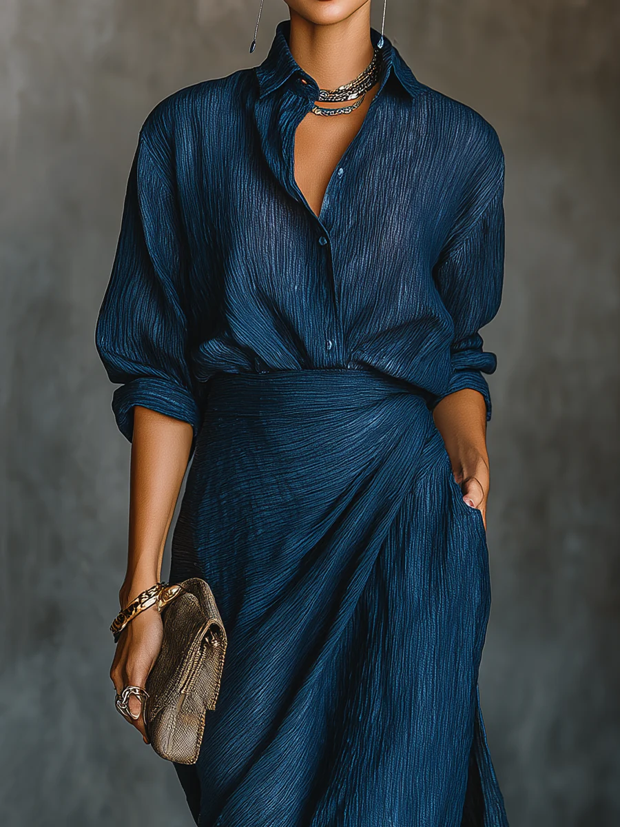 Elegant Dark Blue Cotton And Linen Blend Shirt Long Skirt Set