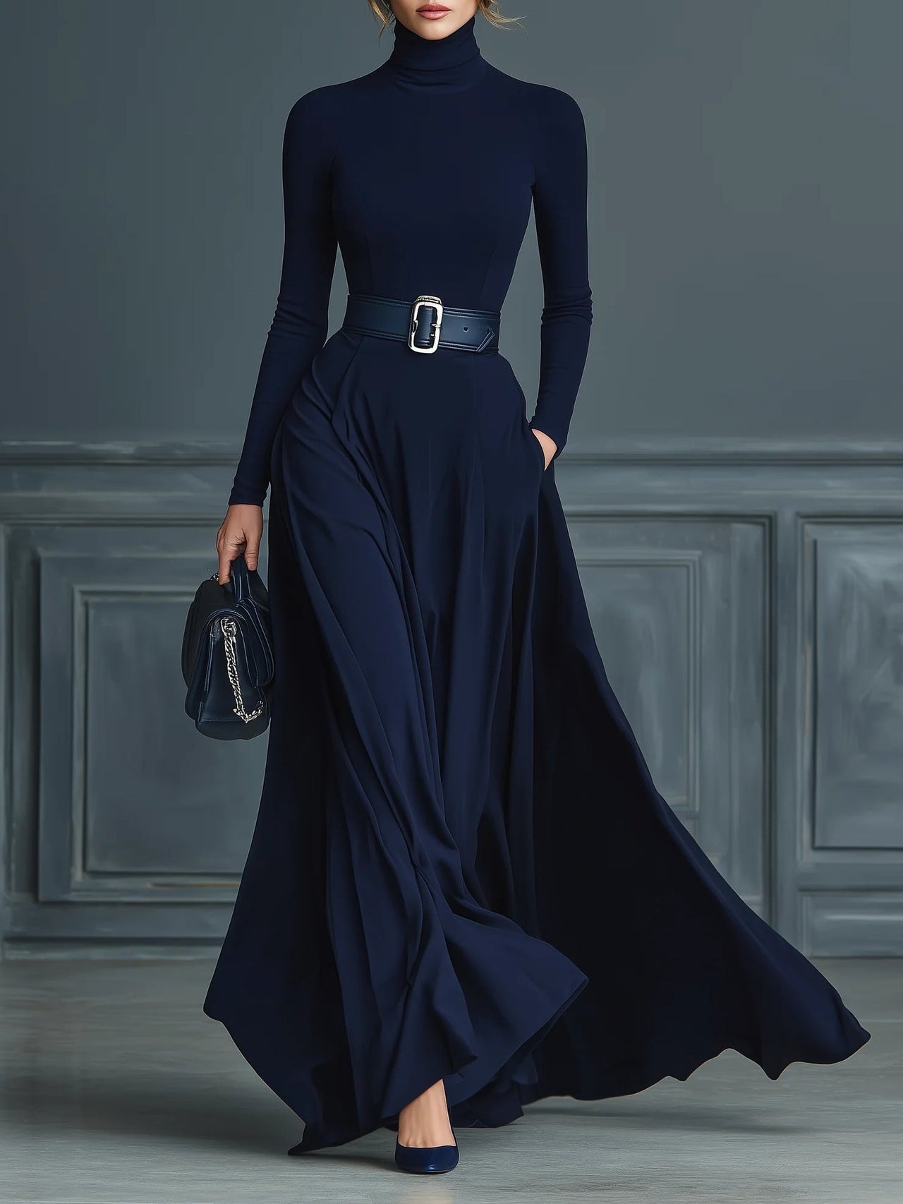 Dark Blue Knitted High-neck Dress（No belt）