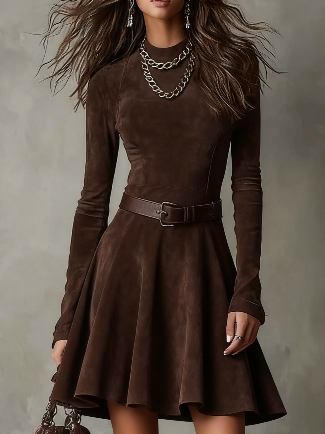 Vintage Dark Brown Suede Mock Neck Mini Dress