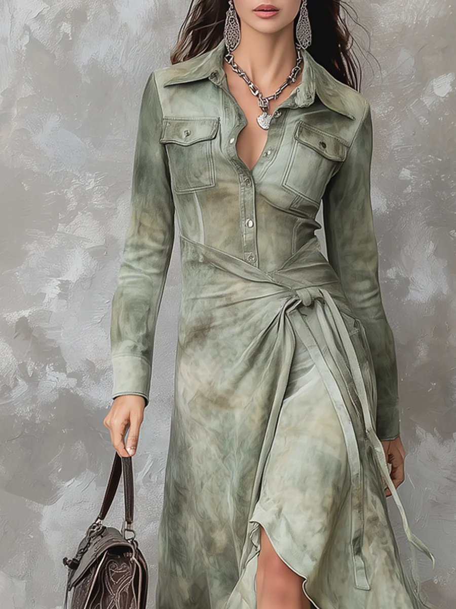 Vintage Sage Green Tie-Dye Pocket Slim Maxi Dress