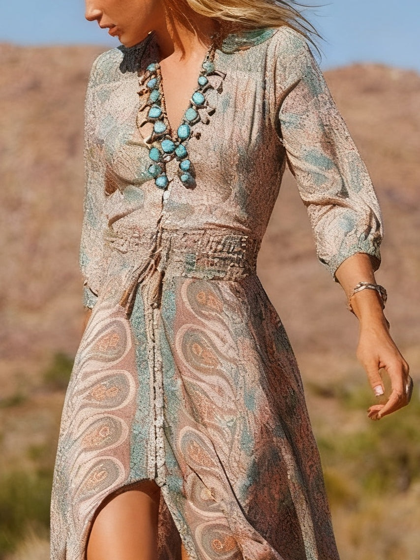 Western Style Boho Print Slit Maxi Dress