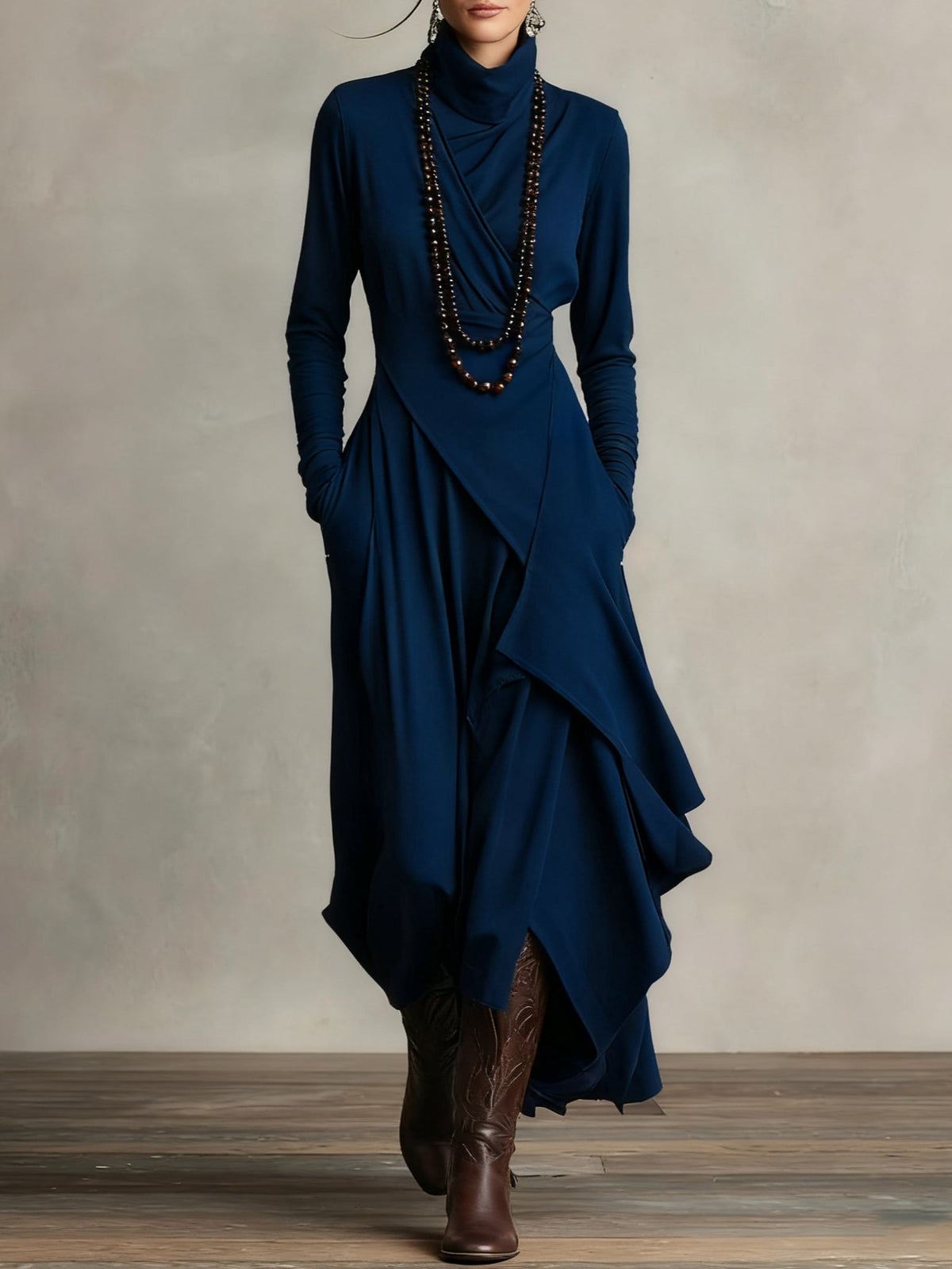 Purple High-neck Asymmetrical Pleated Maxi Dress（Necklace not included）