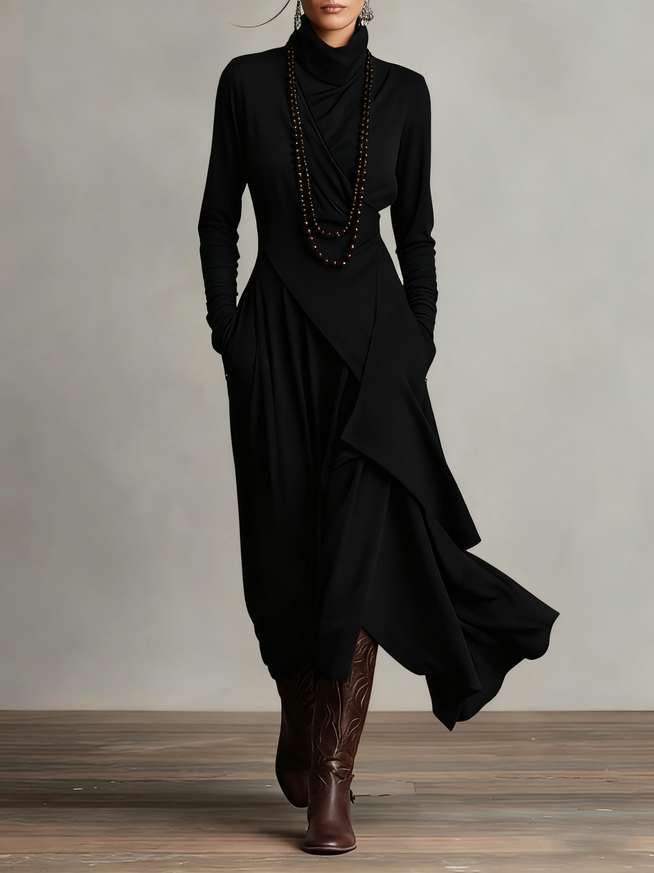 Purple High-neck Asymmetrical Pleated Maxi Dress（Necklace not included）