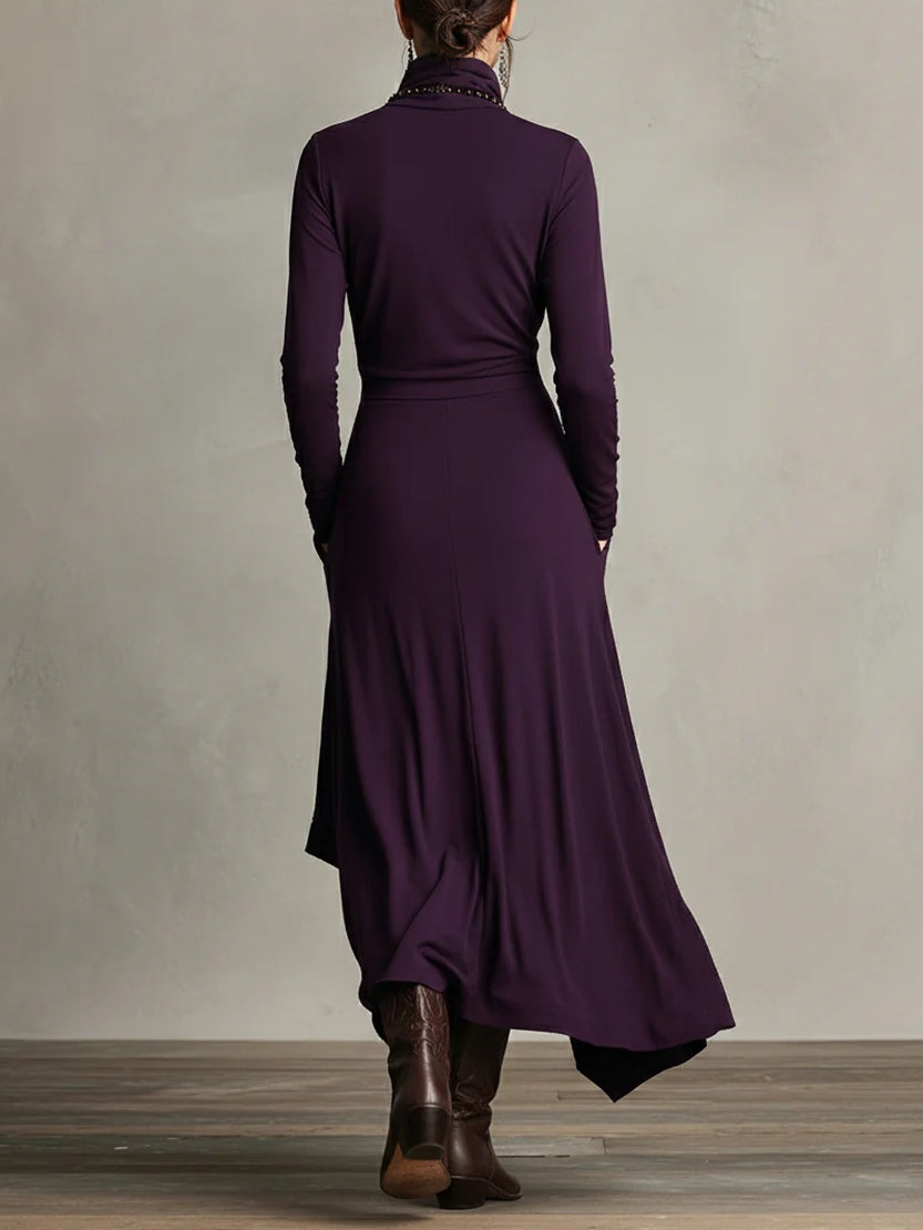 Purple High-neck Asymmetrical Pleated Maxi Dress（Necklace not included）