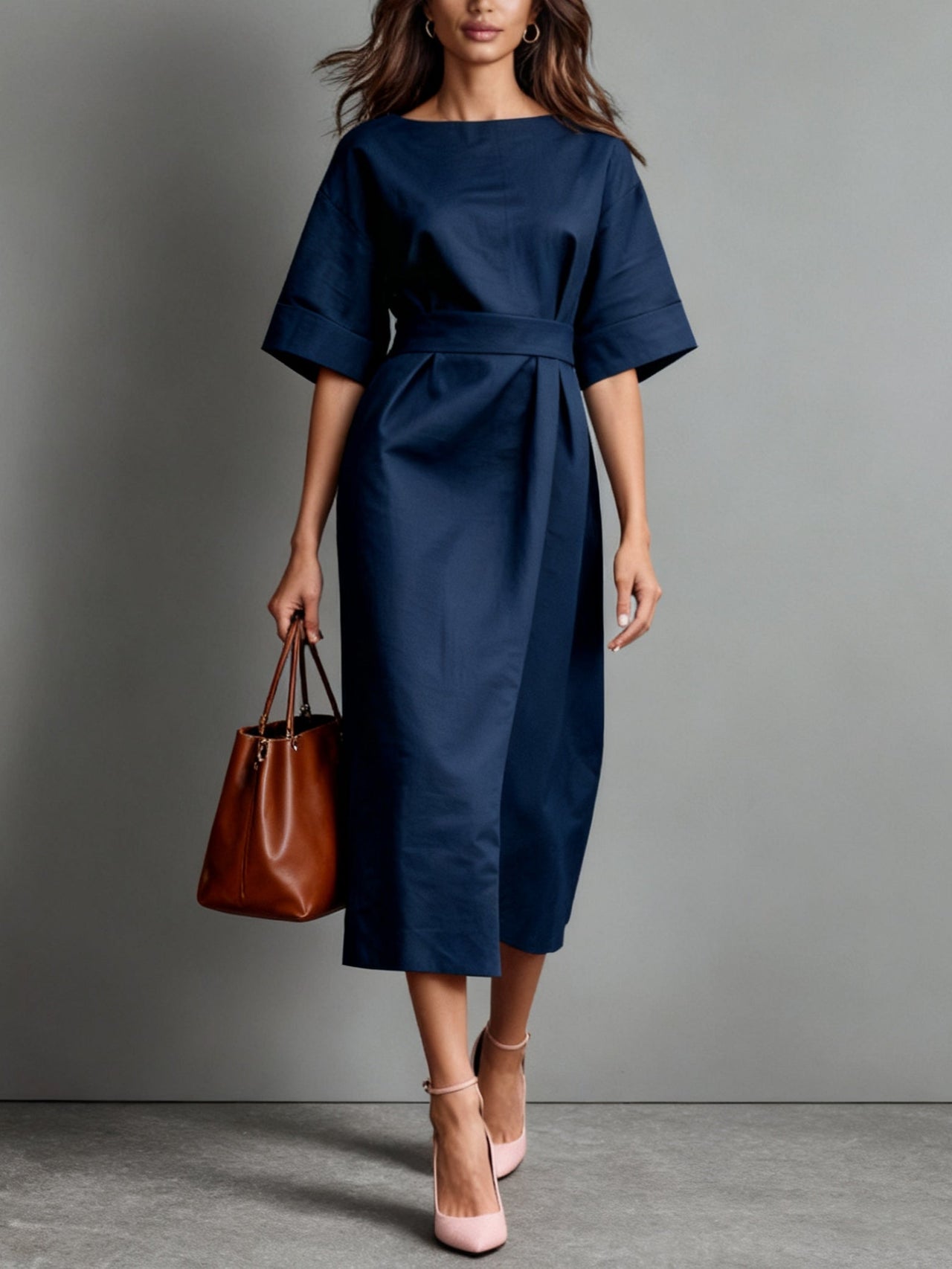 Linen Boat Neck Tie Loose Dress