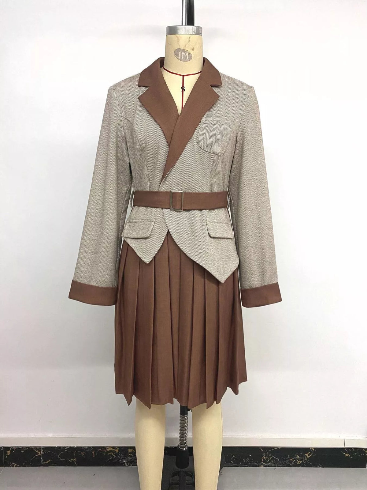 Pleated Patchwork Blazer Belt Dress