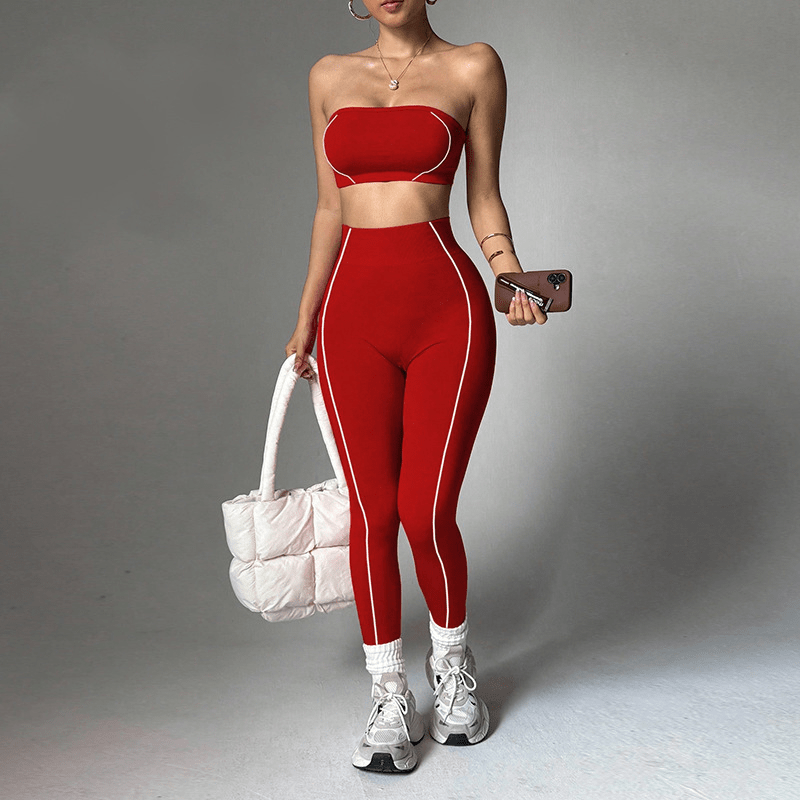 Contrast Piping Bandeau High Waist Yoga Set