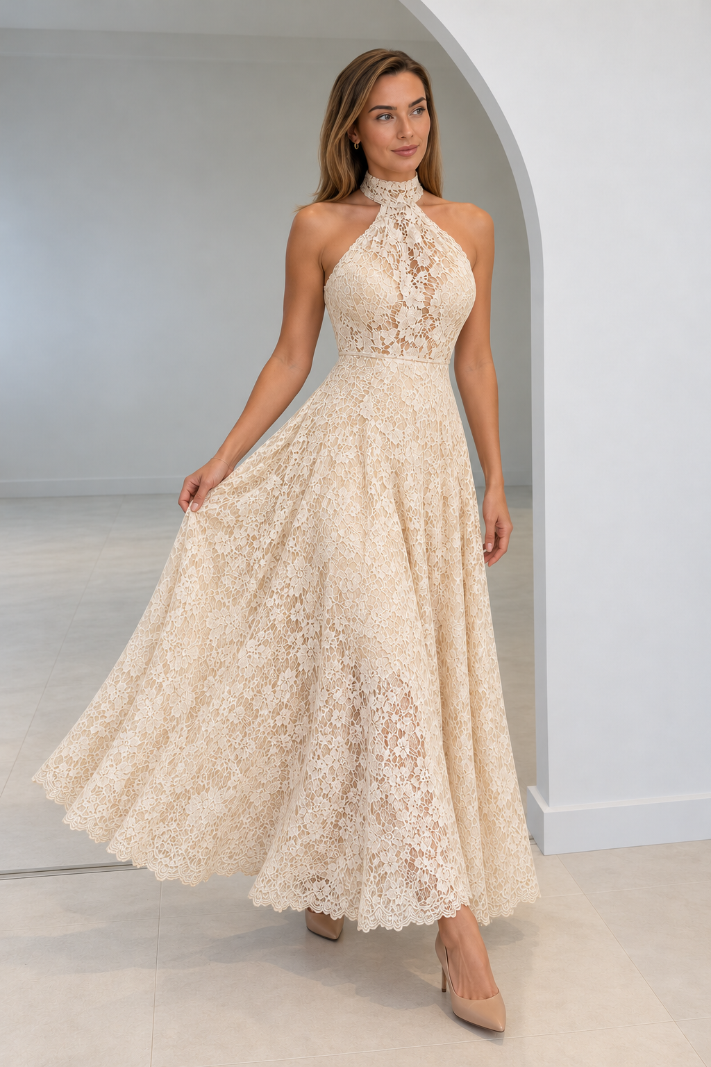 Fiammetta | Vintage Ivory Lace Halter Neck Evening Gown