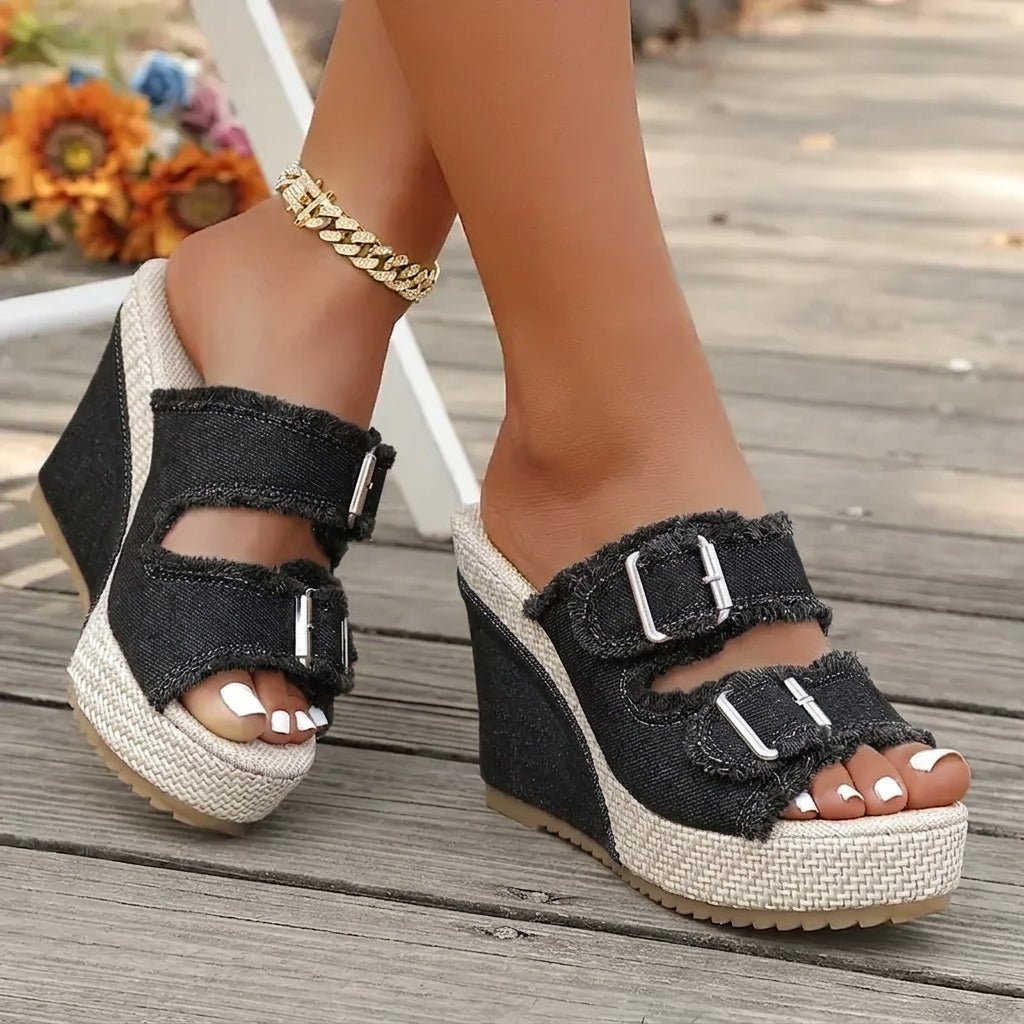 Atelier Denim Fray-Edge Wedge Sandals