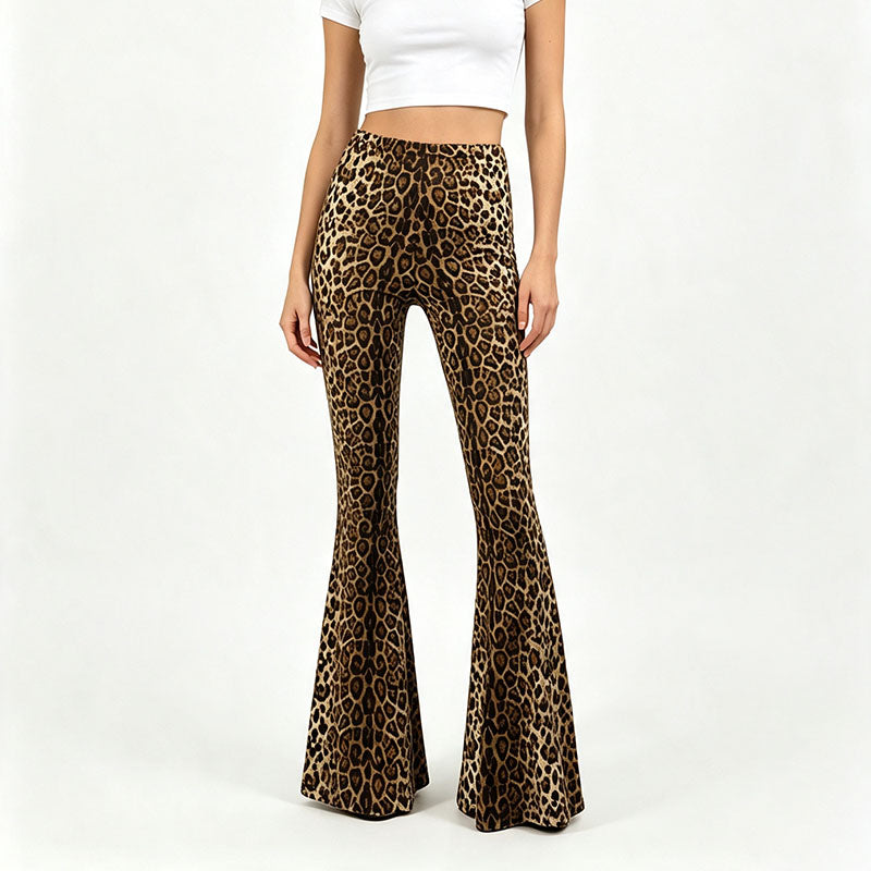 High-waisted, slim-fit animal print flared trousers