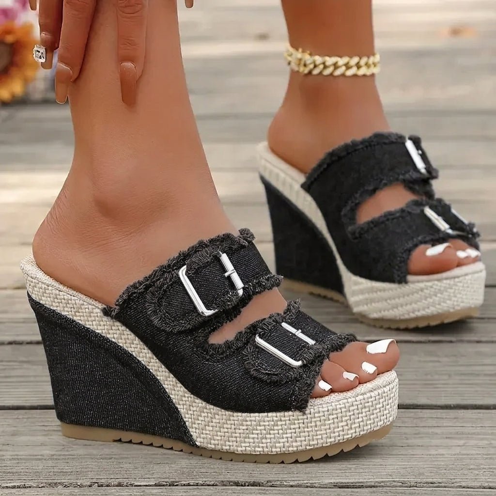 Atelier Denim Fray-Edge Wedge Sandals