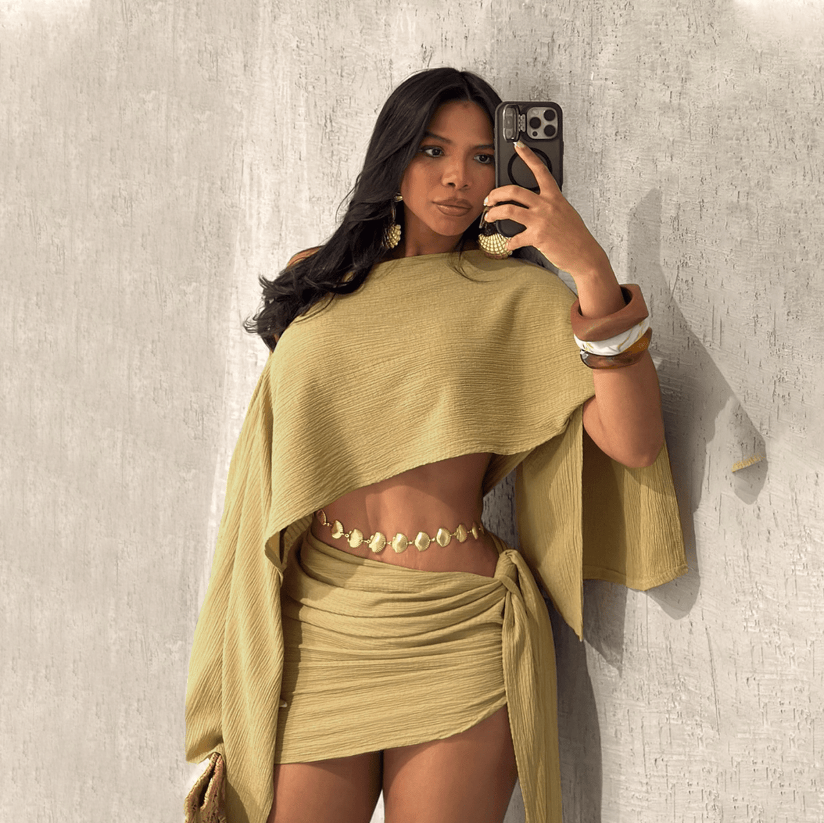 Textured One Shoulder Crop Top & Mini Skirt Set